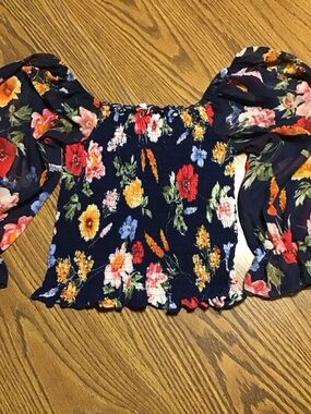 Lavish Navy Floral Smocked Off-Shoulder Crop Top